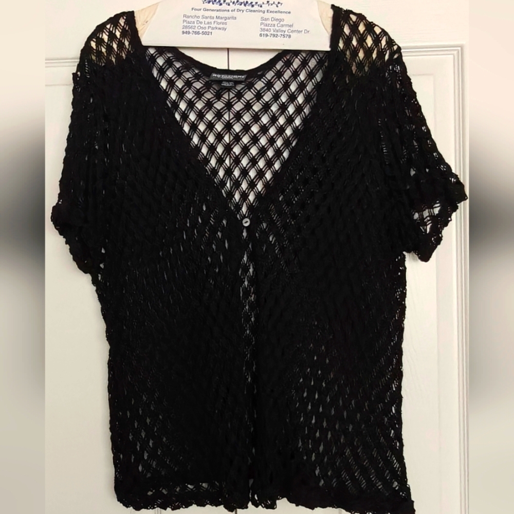 Notations Black Mesh Short Sleeve Cardigan Sweater, Size 1X